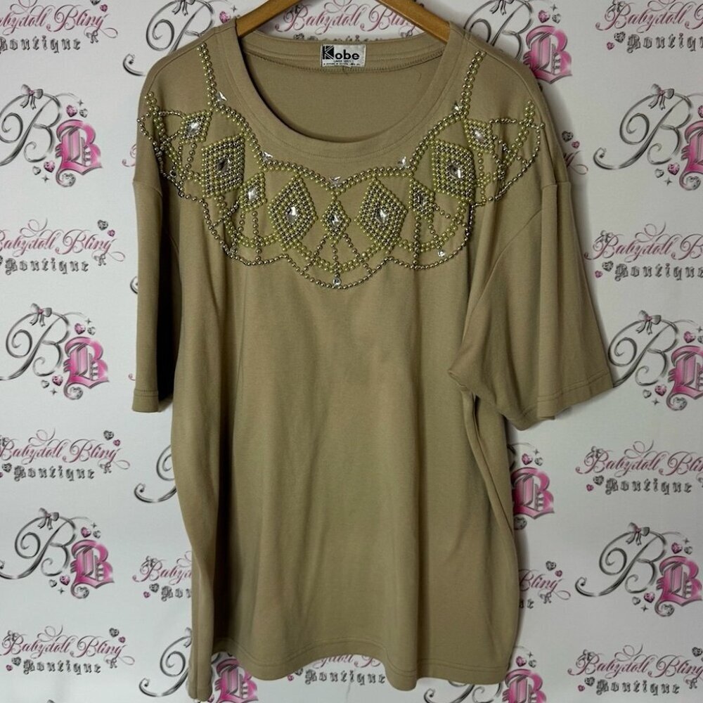 Kobe embroidered beaded diamond neckline top tshirt Tan Embellished Top